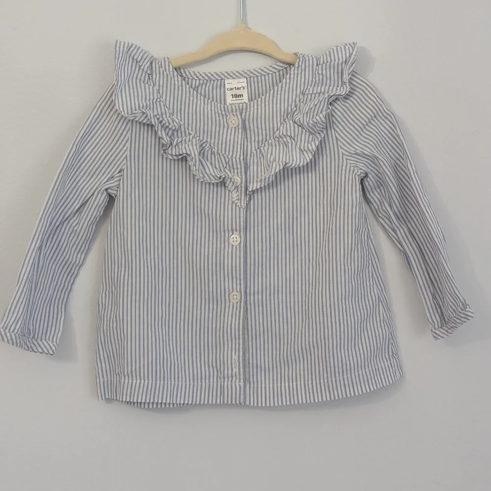 Carter's Blue And White Long Sleeve Striped Ruffle Blouse Size 18 Months